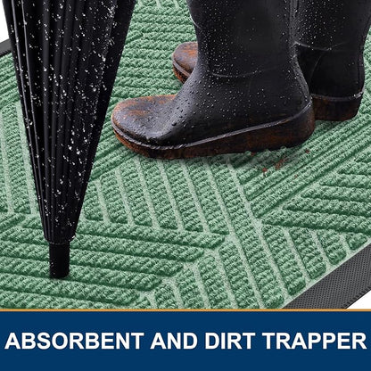 Smiry Front Door Mat Outside Entrance, Heavy Duty Sturdy Natural Rubber Doormat, Trap Dirt and Moisture, Easy Clean Low Profile Mats for Indoor Outdoor Entry, Irregular Triangle (36x24, Mint Green)