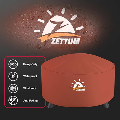 Zettum Fire Pit Cover Round 36 Inch - Outdoor Firepit Cover Heavy Duty & Waterproof, 600D Patio Fire Table Covers Gas Fire Pit Accessories Fade & Weather Resistant Brown - 36 x 36 x 20 Inch