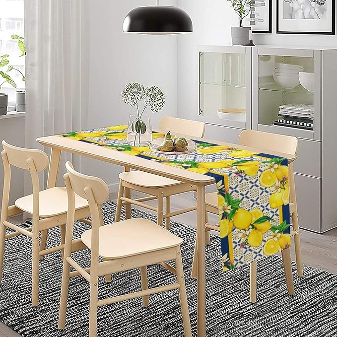 Yellow Lemon Table Runner, Spring Summer Seasonal Blue Tiles Watercolor Lemon Table Runner for Farmhouse Kitchen Indoor Outdoor Party Decor, 13x120inch
