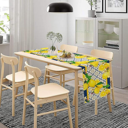 Yellow Lemon Table Runner, Spring Summer Seasonal Blue Tiles Watercolor Lemon Table Runner for Farmhouse Kitchen Indoor Outdoor Party Decor, 13x60inch