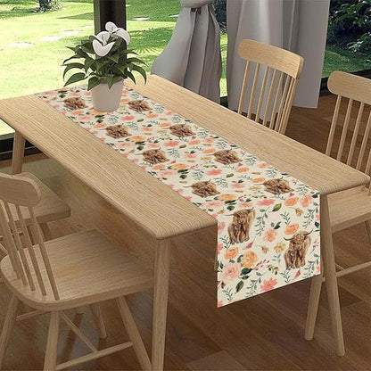 Cow Table Runner, Rustic Farmhouse Pink Floral Flower Spring Summer Yak Leaves Seasonal Coffee Table Center Decor for Home Kitchen Dining Patio Holiday Party Indoor Outdoor Table Decorations, 13"x90"