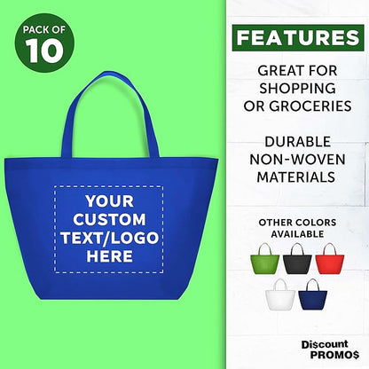 DISCOUNT PROMOS Custom Southern Style Grocery Tote Bags Set of 10 - Personalized Bulk Pack, Reusable Grocery & Shopping Bags - Great for Travel, Carry on Bag, Business Promotions - Blue - 20"X13"X8"