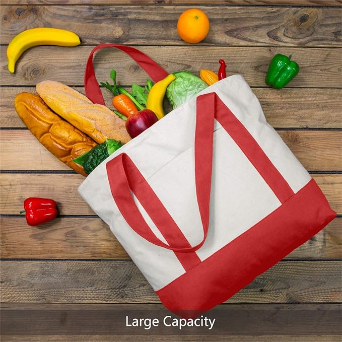 TOPDesign 3-Pack Canvas Tote Bags with an External Pocket, Reusable Grocery Shopping Bags, Top Zipper Closure, Daily Essentials (Red/Natural)