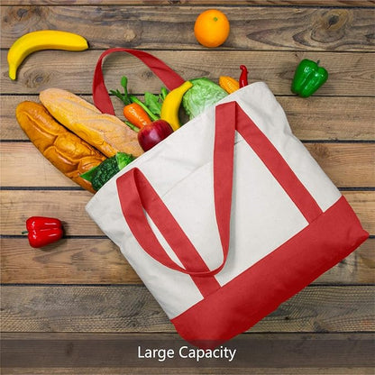 TOPDesign 3-Pack Canvas Tote Bags with an External Pocket, Reusable Grocery Shopping Bags, Top Zipper Closure, Daily Essentials (Red/Natural)