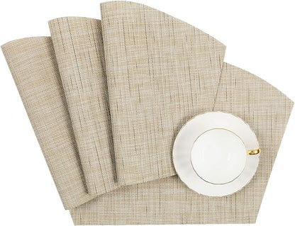 SHACOS Small Round Table Placemats Wedge Placemat Set of 4 Non Slip Heat Resistant Woven Vinyl Table Mats Wipe Clean Indoor Outdoor (4, Beige Yellow)