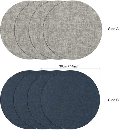 Myir JUN Round Placemats Dual Sided, Faux Leather Place Mats Set of 4 Indoor Placemats for Dining Table Outdoor Placemats Non-Slip Washable Table Mats (Set of 8, Gray Blue)