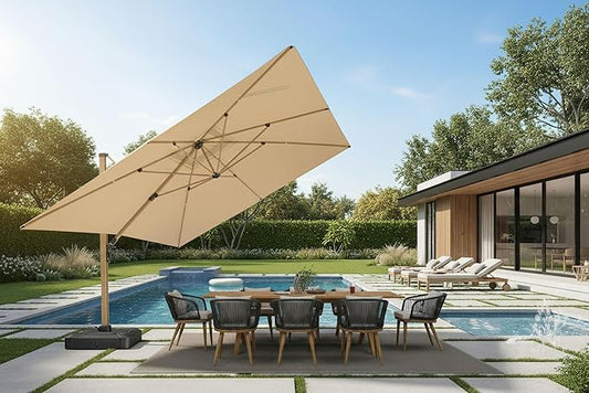 PURPLE LEAF 9 Pieces Patio Dining Set Wicker Outdoor Furniture Rectangular Table and Chairs Set for Garden Patio Teak-Finish Aluminum Frame Backyard Kitchen Set, Cushions and Pillows Included