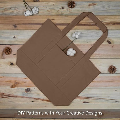 TOPDesign 6-Pack Canvas Tote Bags with an External Pocket, Reusable Grocery Shopping Bags, Top Zipper Closure, Daily Essentials (Brown)