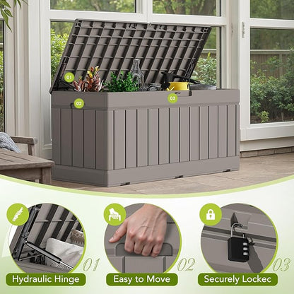 Devoko 78 Gallon Deck Box, Waterproof Resin Outdoor Storage Box for Outside and Patio, Outdoor Storage Bench Lockable for Patio Furniture, Garden Tools and Pool Supplies (Light Brown, 78 Gallon)