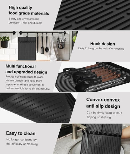 Silicone Griddle Tools Mat for Blackstone - Large Silicone Spatula Mat with Drip Pad - Griddle Mats BBQ Grill Accessories - Side Shelf Mats Grill Pad for Blackstone Griddles Accessories(Black)