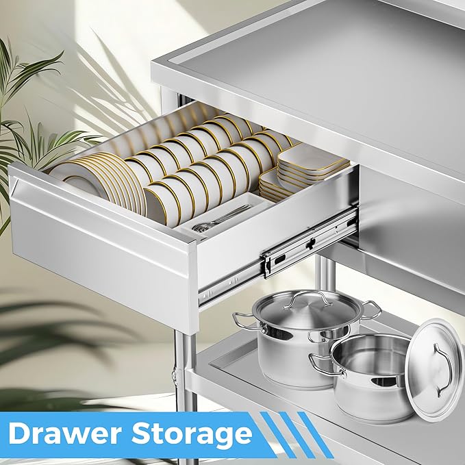 304 Stainless Steel Utility Sink – Free Standing Single Bowl with Workbench, Storage Drawer & Faucet, Hot and Cold Water Pipes for Laundry Room, Farmhouse, Outdoor Use (Left Drawer 47'' Sink)