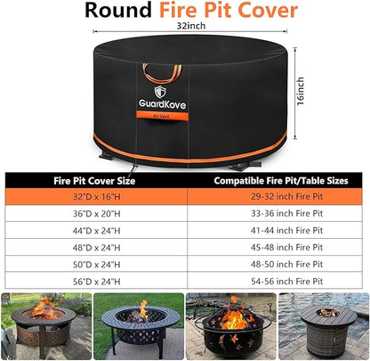 [Upgraded 1000D Heavy Duty Fabric] 32” Fire Pit Cover Round for 29”- 32” Fire Pit/Tables, Waterproof Tear & Fade Resistant Firepit Cover with Buckle, Handle, Drawstring, Air Vent (32”D x 16”H,Black)