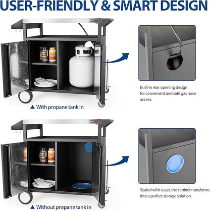 Grill Table Outdoor Kitchen Cabinet, Moveable Outdoor Prep Table & Bar for Storage, Grilling and Pizza Oven, Multifunctional Silver & Black