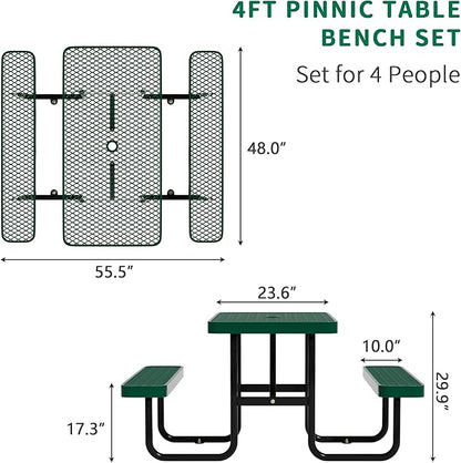 4FT Rectangular Metal Picnic Table for Outdoors, Commercial Steel Metal Picnic Tables, Heavy Duty Sturdy Picnic Tables Furniture Set for Patio Garden Courtyard BBQ, With Umbrella Hole, Green