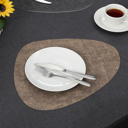 Placemats and Coasters, Washable Reversible Placemats Round Faux Leather Wipeable Place Mats Non Slip Heat Resistant Indoor Outdoor Table Mats (Set of 6, Gray Brown)