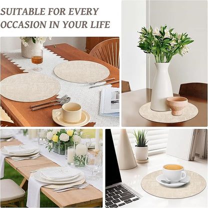 13" Round Placemats Set of 4, Reversible Faux Leather Heat Resistant Table Mats, 100% Waterproof Oilproof Wipeable Table Protective Placemats for Vinyl, Washable for Indoor & Outdoor Use (4, Beige)