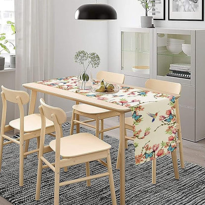 Spring Flower Table Runner, Seasonal Rustic Garden Flowers Bird Butterfly Print Table Runner for Home Kitchen Table Decor, 13x90inch