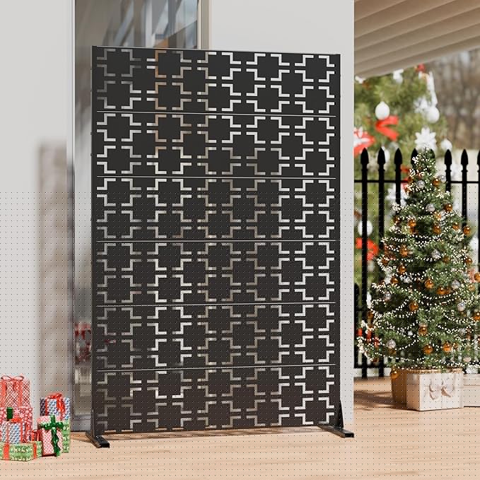 Casaphoria Metal Privacy Screen Outdoor, 72" H x 47" W Freestanding Decorative Privacy Screen for Patio Deck Balcony Garden with Stable Base, Black-Brick