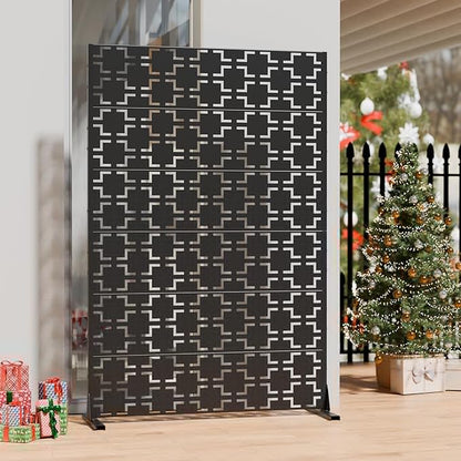 Casaphoria Metal Privacy Screen Outdoor, 72" H x 47" W Freestanding Decorative Privacy Screen for Patio Deck Balcony Garden with Stable Base, Black-Brick