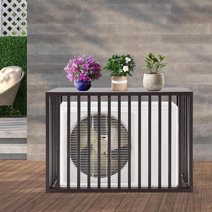 Air Conditioner Fence with Top Cover, 4 Panels 39.4 "L x 19.7 "W x 27.6" H Privacy Fence Panels for Outside, Freestanding Metal Trash Can Hider Outdoor, No-Dig Air Conditioner Sun Blocker Kit (Brown)