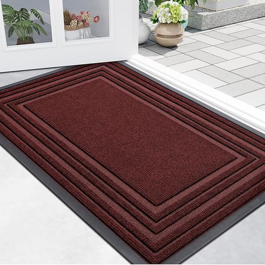 Buganda Front Door Mat Indoor Outdoor Entrance, Non-Slip Natural Rubber Doormats, Easy Clean, Low Profile, Dirt Trapper Entryway Floor Mats for Outside, Garages and Patios, 29.5x17, Wine Red