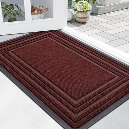 Buganda Front Door Mat Indoor Outdoor Entrance, Non-Slip Natural Rubber Doormats, Easy Clean, Low Profile, Dirt Trapper Entryway Floor Mats for Outside, Garages and Patios, 36x24, Wine Red