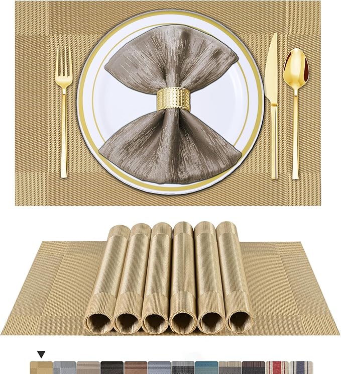BETEAM Placemats Set of 6, Woven Vinyl Placemat for Dining Table Washable Wipeable Kitchen Place Mats Durable Indoor Outdoor Table Mats