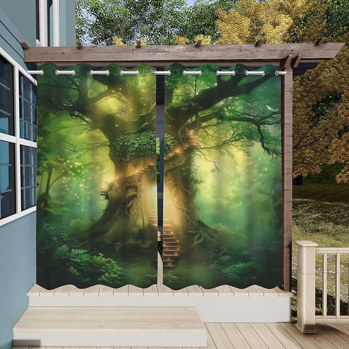 Fantasy Theme Waterproof Outdoor Curtains for Patio,Forest Pattern,Privacy Weatherproof Grommet Outside Curtains for Porch, Pergola, Cabana,2 Panels,W36 x L84,Green