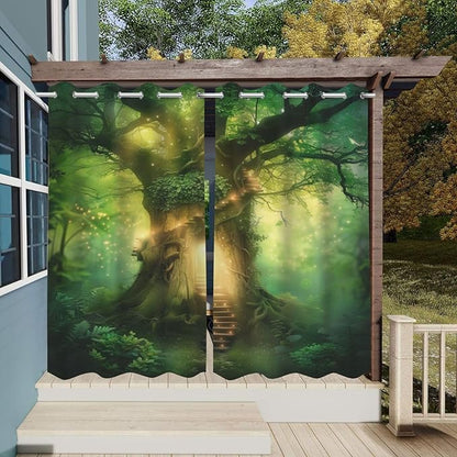 Fantasy Theme Waterproof Indoor/Outdoor Curtains,Forest Pattern,Privacy, Grommet Curtains for Patio, Pergola, Porch, Deck, Lanai, and Cabana,2 Panel,W54 x L96,Green