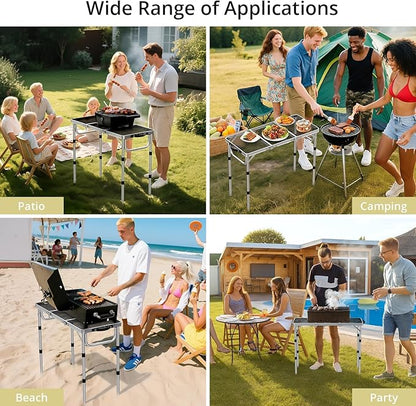 Anbte 3ft Folding Grill Table with Storage Bag, 3 Adjustable Height 27.5" Aluminum Portable Grill Table, Heat Resistant, Lightweight, Portable Handle for BBQ Cooking Camping Travel, 35" X 16", Silver