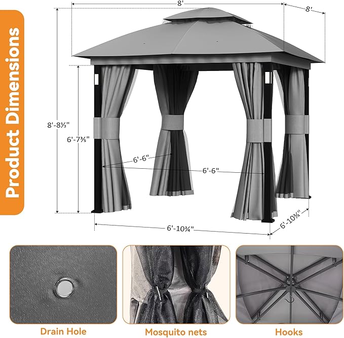 Patio Gazebo 8'x8' with LED Lights & Bluetooth Speaker, Heavy Duty Outdoor - Image 3
