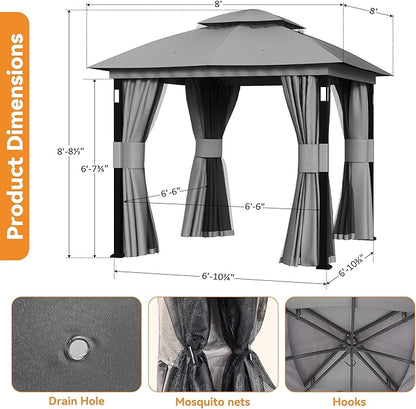 Patio Gazebo 8'x8' with LED Lights & Bluetooth Speaker, Heavy Duty Outdoor - Image 3