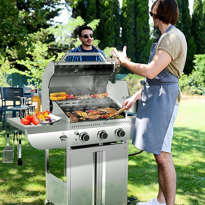 3-Burner Propane Gas Grill with Side Burner – 34,000 BTU Stainless Steel Outdoor BBQ Grill, Cast Iron Grates, Portable with Wheels for Patio, Camping