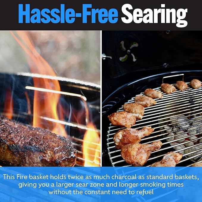 SnS Grills Slow ‘N Sear Charcoal Fire Baskets with Water Pan - Large Capacity Heavy Duty Stainless Steel Outdoor Grill Basket, Kettle Grill Accessory - Compatible with Weber and other Kettles