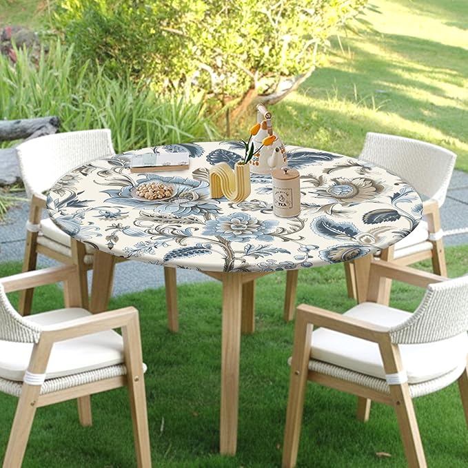 Vintage Floral Round Fitted Tablecloth with Elastic Blue Brown Chinoiserie Flower Circle Table Cloth for 48-52" Round Tables Wipeable Waterproof Elegant Rustic Table Cover for Dining Patio Picnic