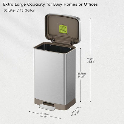 EKO Hudson Matte Stainless 50 Liter/13.2 Gallon Step Trash Can with Rear Trash Bag Storage Compartment