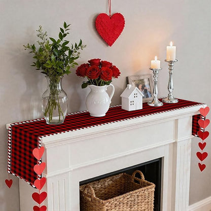 Valentine’s Day Love Heart Red Black Buffalo Plaid Table Runner 13x72 Inch Seasonal Holiday Kitchen Dining Tabletop Runners for Anniversary Mantel Party Indoor Outdoor Decoration