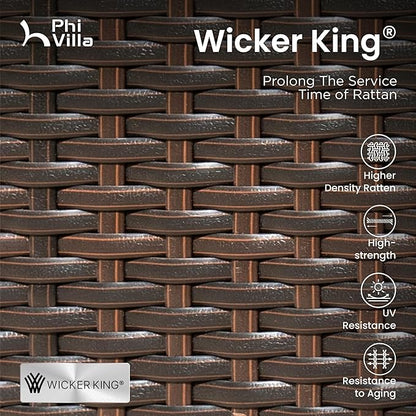 PHI VILLA Outdoor Dining Set for 6, Rectangular Wicker Table with Acacia Wood Top & Rattan Chairs with Cushions, 74” Large Modern Furniture Set for Patio, Deck, Backyard, Porch