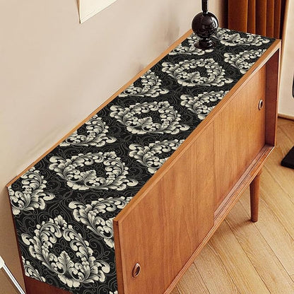 Gothic Table Runner, Retro Black Damask Baroque Style Floral Bohemian Exotic Coffee Vintage Table Center Decor for Kitchen and Dining Outdoor Home Country Party Table Decorations, 13"x108"