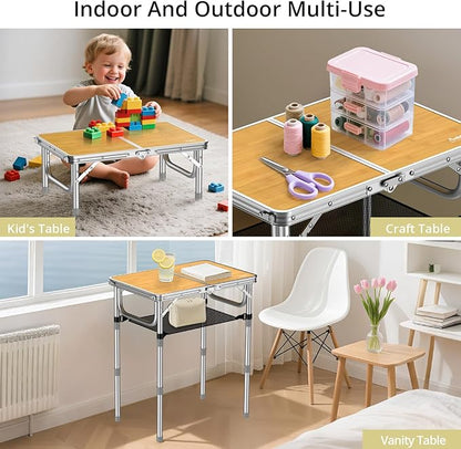 Anbte 2ft Camping Table Foldable, 3 Adjustable Heights High 27.5" Aluminum Small Folding Table with Carrying Handle, Portable, for Outdoor Indoor Picnic Beach BBQ Party Travel, 24" x 16", Yellow