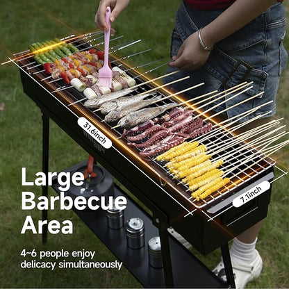 WILLBBQ Charcoal Grills Commercial Quality Portable Hibachi BBQ Folded Camping Barbecue Grill for Backyard Party Outdoor Cooking Use，Perfect Christmas Gifts for Dad (31.6x7.1x5.1 inch), BLACK