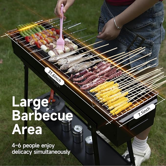 WILLBBQ Charcoal Grills Commercial Quality Portable Hibachi BBQ Barbecue Grill for Backyard Outdoor Cooking Use，Perfect Christmas Gifts for Dad (31.6x7.1x5.1 inch With Accessories), BLACK