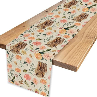 Cow Table Runner, Rustic Farmhouse Pink Floral Flower Spring Summer Yak Leaves Seasonal Coffee Table Center Decor for Home Kitchen Dining Patio Holiday Party Indoor Outdoor Table Decorations, 13"x90"