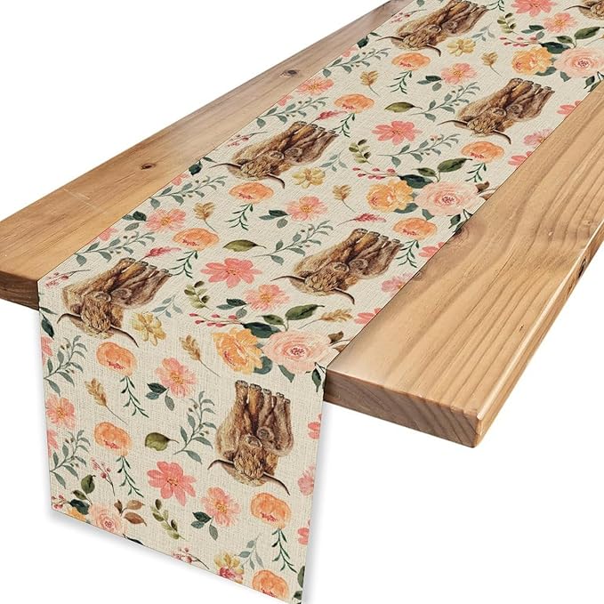 Cow Table Runner, Rustic Farmhouse Pink Floral Flower Spring Summer Yak Leaves Seasonal Coffee Table Center Decor for Home Kitchen Dining Patio Holiday Party Indoor Outdoor Table Decorations, 13"x36"