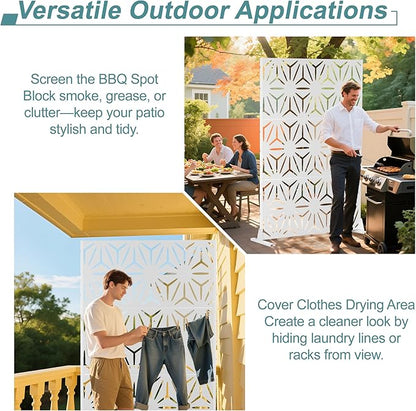 Metal Privacy Screen Outdoor Freestanding Privacy Wall Panels and Decorative Patio Dividers, Crafted from Steel with Sun-Proof Design, Ideal for Patio, Deck, Garden,72" H×47" L,（White&Star）