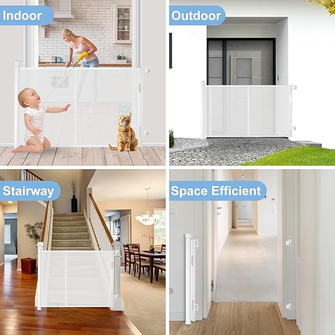 55 inches Retractable Baby Gate, 34 inches Tall Extra Wide Pet Gate for Stairs, Hallways and Doorways, Indoor Outdoor Safety Gate for Toddlers & Small Dogs, White
