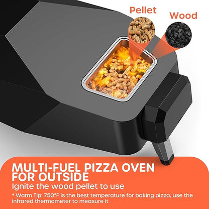 Outdoor Wood Pellet Pizza Oven – 12" Woodfire Pizza Stone Oven, Wood Fired Pizza Maker, Portable for Backyard Party, with Pizza Stone, Pizza Peel, Pizza Cutter, Infrared Thermometer