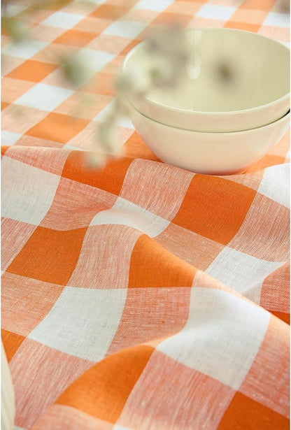 Solino Home Linen Checkered Table Runner 156 Inches Long - 100% Pure Linen Pumpkin and White Buffalo Check Extra Long Table Runner 14 x 156 Inch Ideal for Dining