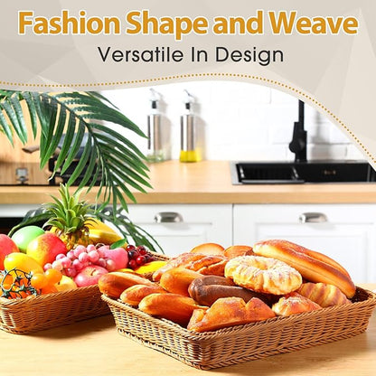 Eccliy 6 Pack Poly Wicker Bread Baskets 19 Inch Imitation Rattan Serving Trays for Bread Snacks Fruit Vegetables Tabletop Display Basket for Kitchen Restaurant Home Hotel