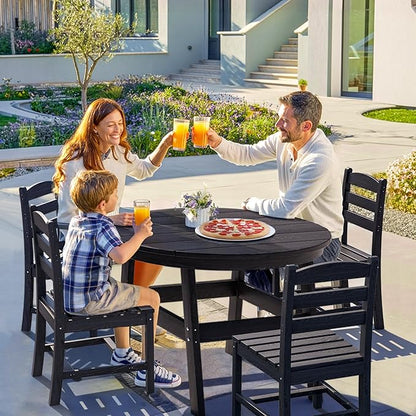 5 Piece Round Outdoor Dining Set, Relaxing HDPE Outdoor Table and Chairs with 105° Ergonomic Backrest, All-Weather Patio Table and Chairs Set with Umbrella Hole for Porch, Poolside, Black